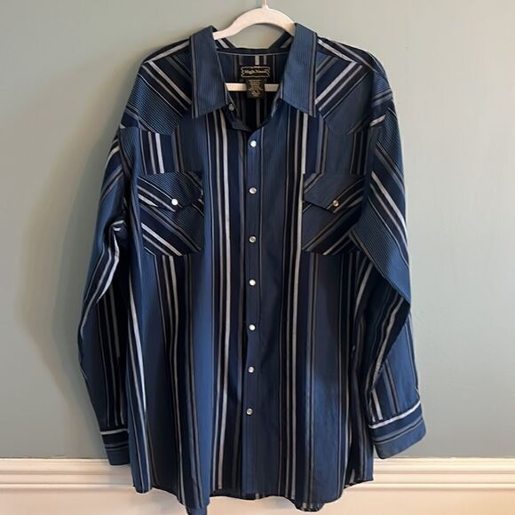 High Noon Rodeo Western Men’s navy blue Pearl snaps 2XL Tall button down shirt - Picture 7 of 14